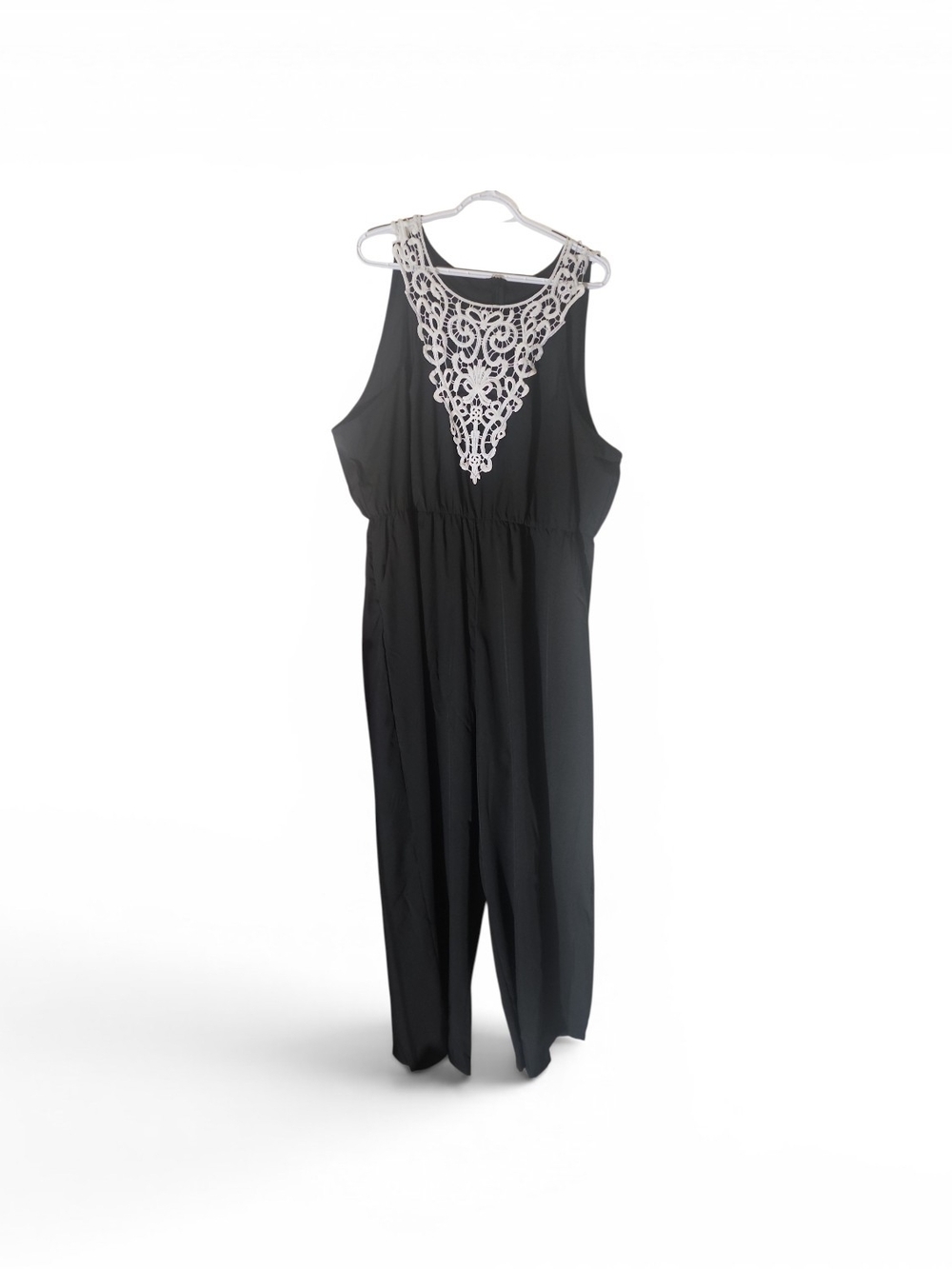 Women's Black Jumpsuit with White Crochet Yoke 4X
